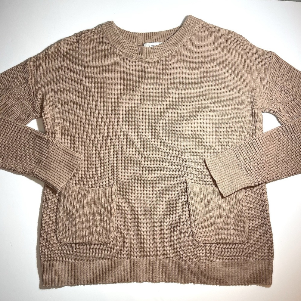 Loft Pullover Ribbed Knit Sweater Front Pockets Medium Camel Color